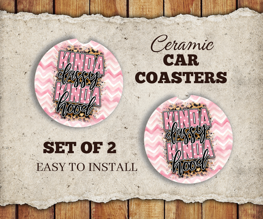 Kinda Classy Kinda Hood - 2.5" Ceramic Car Coasters Set of 2 - Leopard Print, Black Pink