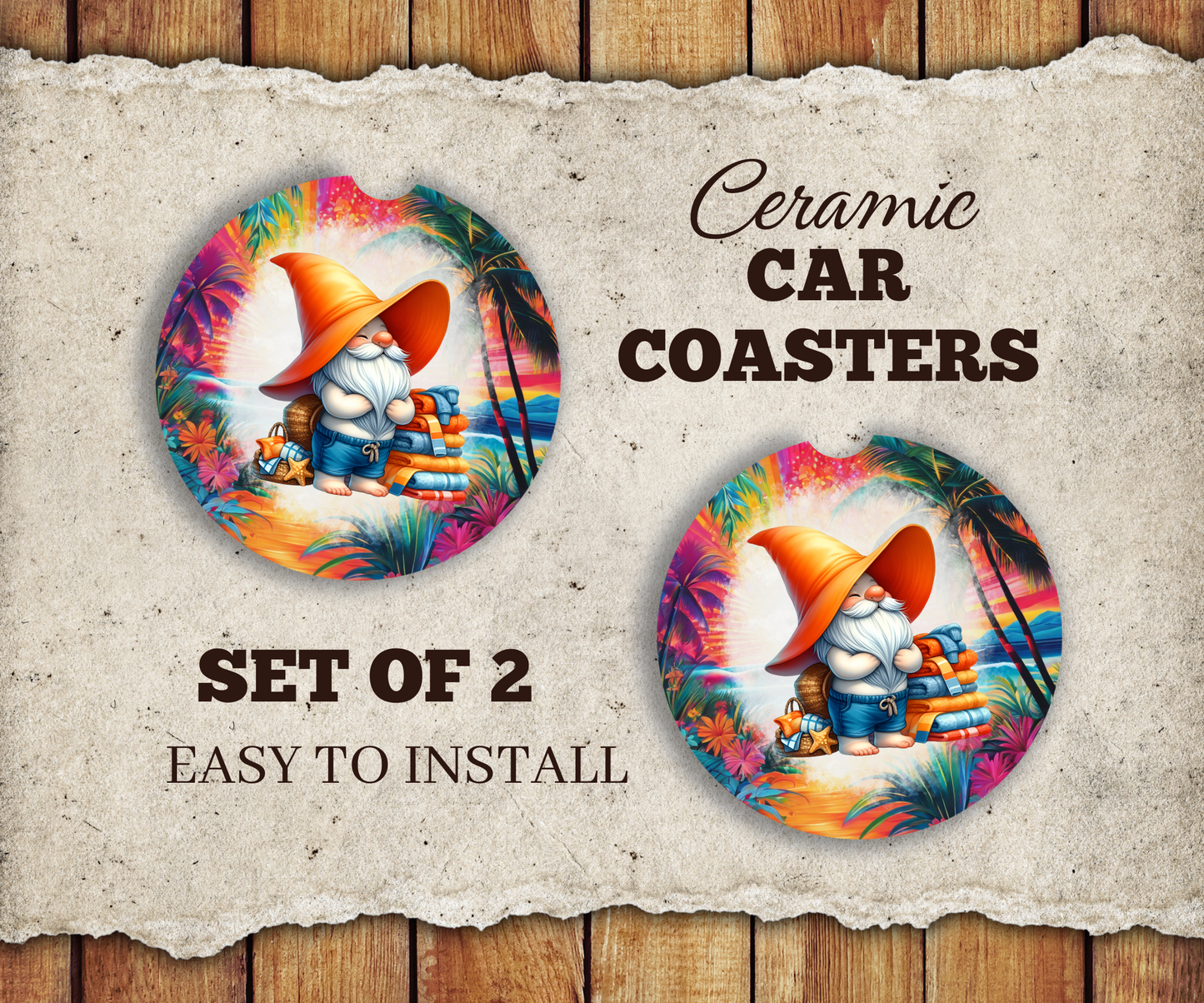 Beach Gnome Adventure - 2.5" Ceramic Car Coaster Set of 2