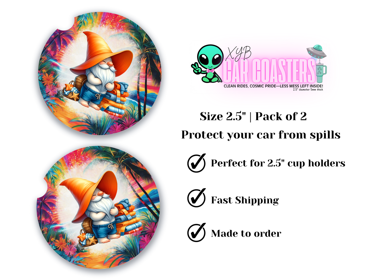 Beach Gnome Adventure - 2.5" Ceramic Car Coaster Set of 2