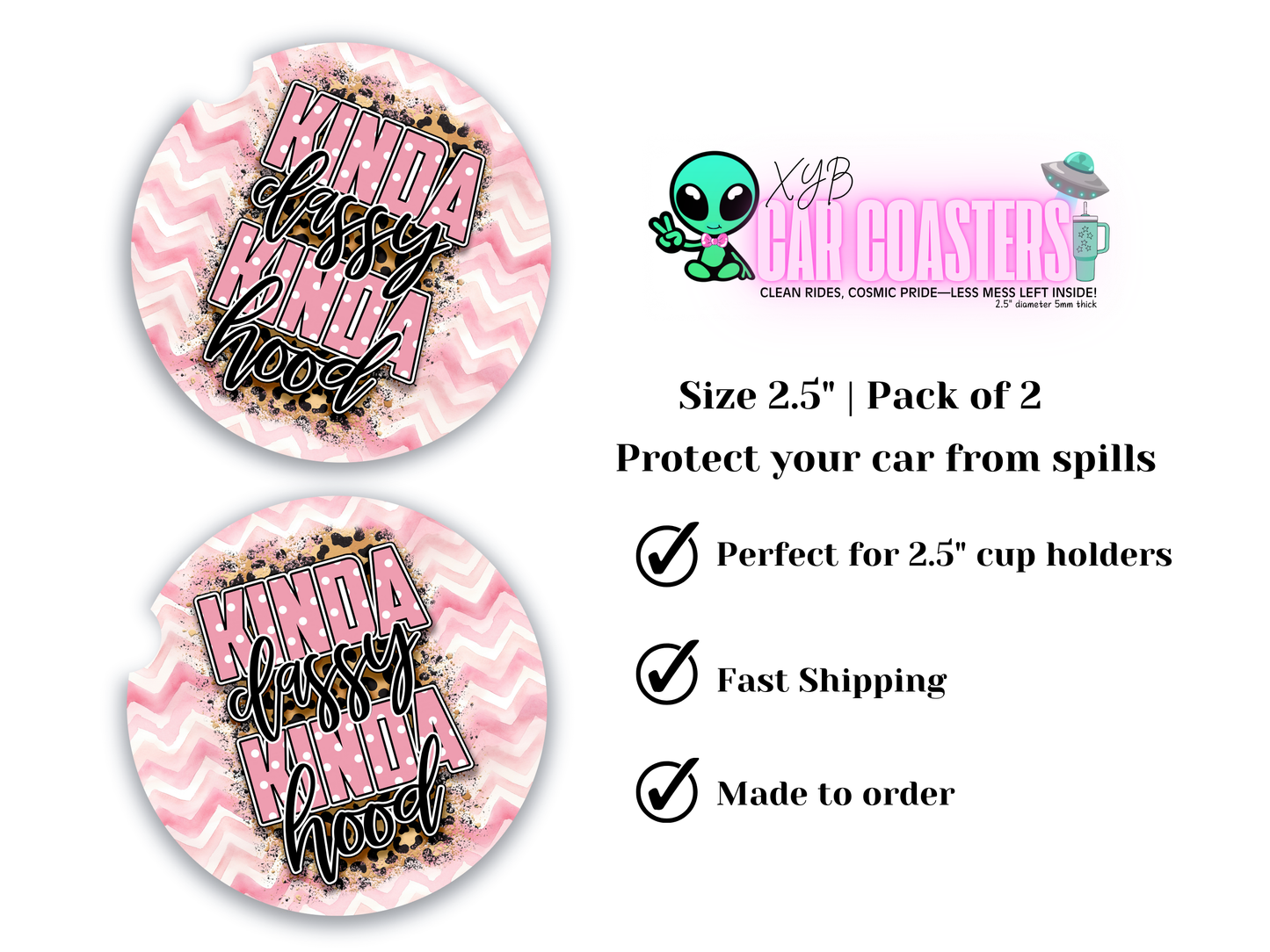 Kinda Classy Kinda Hood - 2.5" Ceramic Car Coasters Set of 2 - Leopard Print, Black Pink