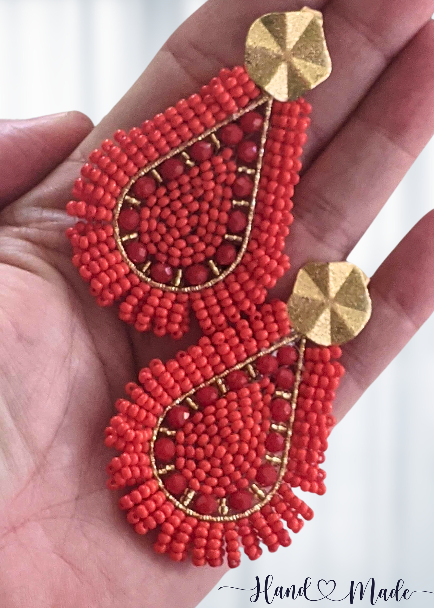 Handmade Red and Gold Teardrop Earrings - 2.25" Dangle Chaquira-Inspired Beadwork with Stainless-Steel