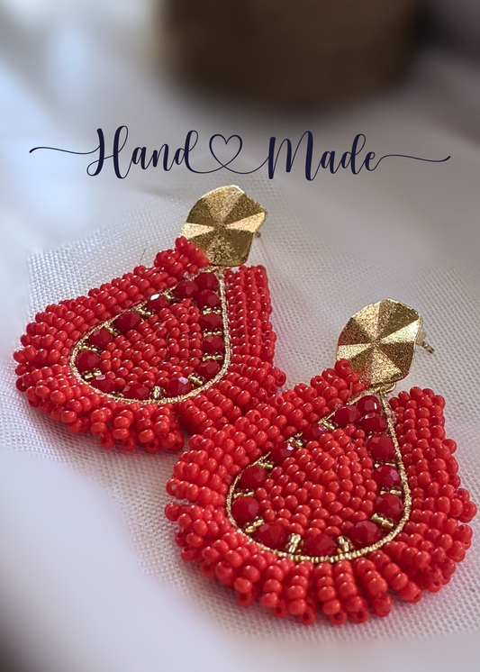 Handmade Red and Gold Teardrop Earrings - 2.25" Dangle Chaquira-Inspired Beadwork with Stainless-Steel