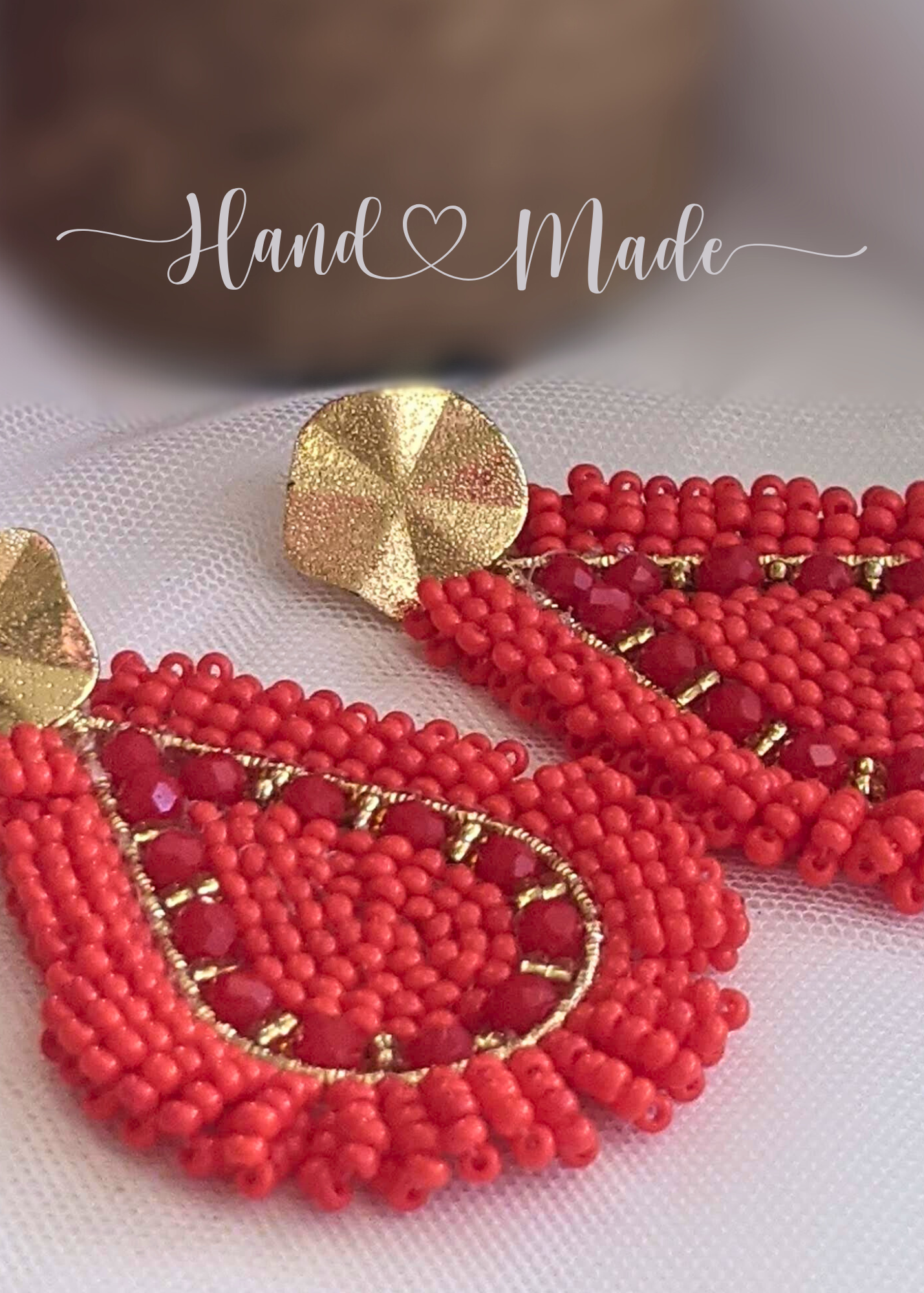 Handmade Red and Gold Teardrop Earrings - 2.25" Dangle Chaquira-Inspired Beadwork with Stainless-Steel