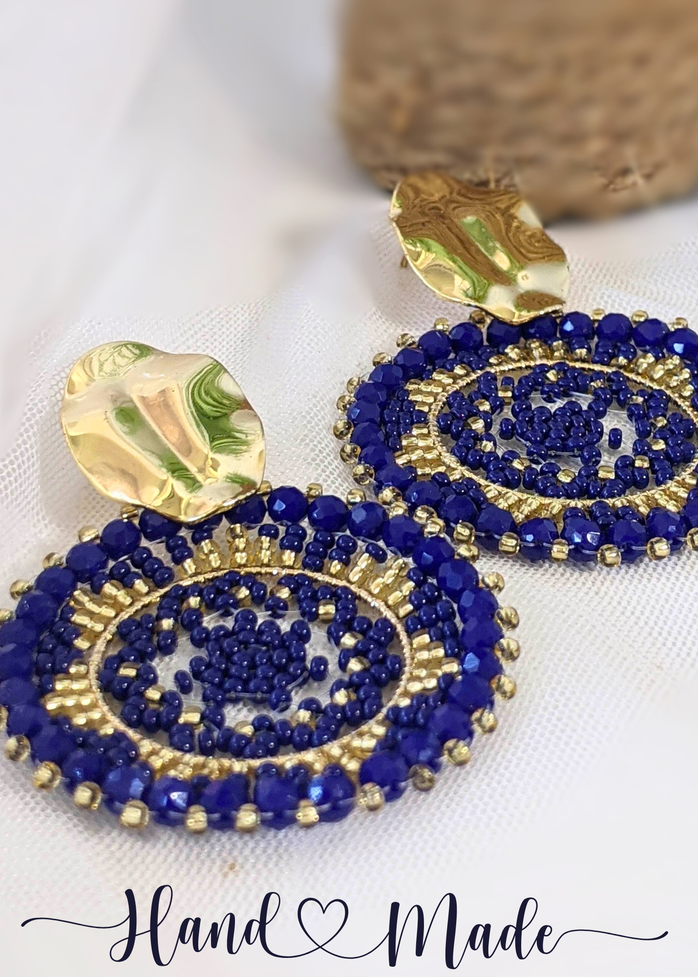 Handwoven Blue and Gold Round Beaded Earrings - 2.5" Dangle Chaquira-Inspired Jewelry with Large Gold Stainless Steel Posts