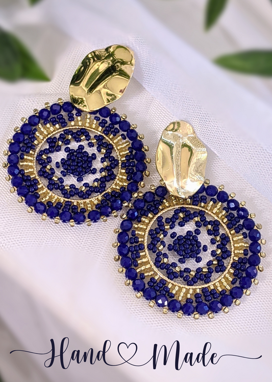 Handwoven Blue and Gold Round Beaded Earrings - 2.5" Dangle Chaquira-Inspired Jewelry with Large Gold Stainless Steel Posts