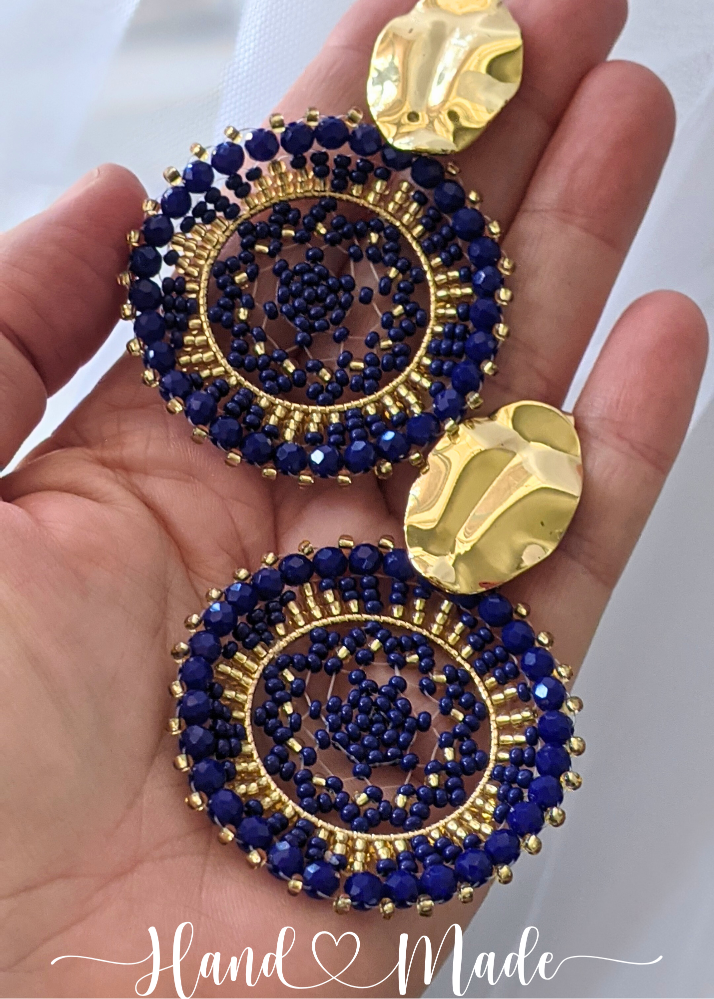 Handwoven Blue and Gold Round Beaded Earrings - 2.5" Dangle Chaquira-Inspired Jewelry with Large Gold Stainless Steel Posts