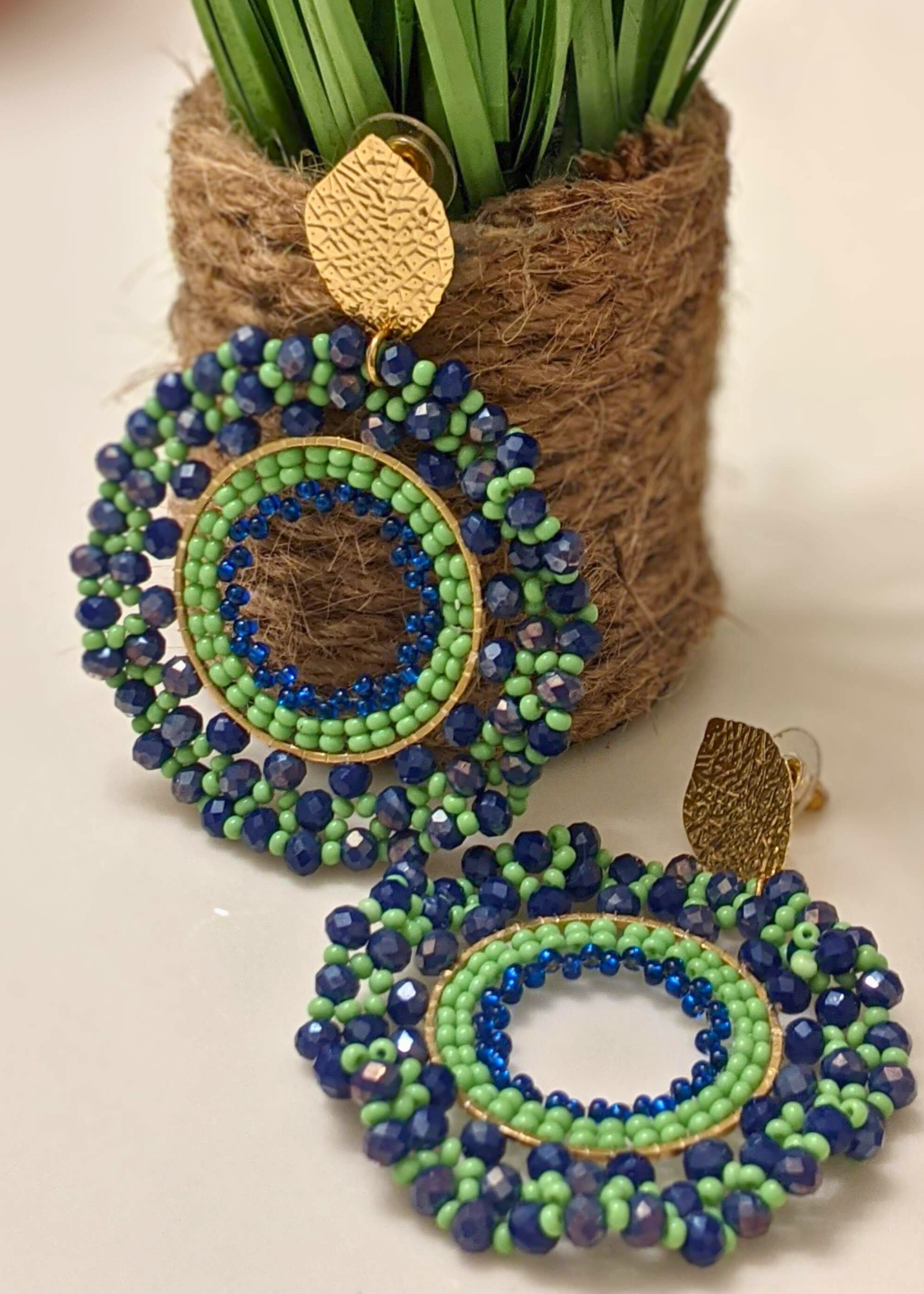 Chaquira-Inspired Blue and Green Hoop Earrings - 2.25" Drop Dangle with Gold Stainless Steel Posts - Elegant Artisan Jewelry