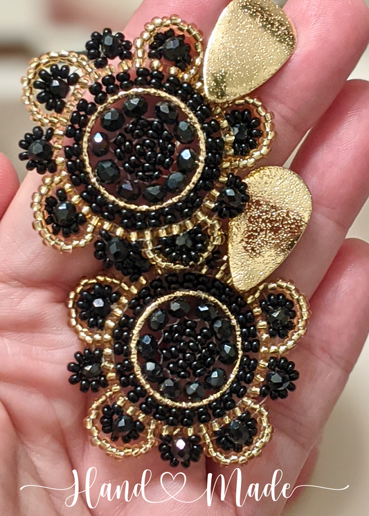 Black and Gold Flower Beaded Earrings - 2" Drop Chaquira-Inspired Dangle - Elegant Artisan Jewelry