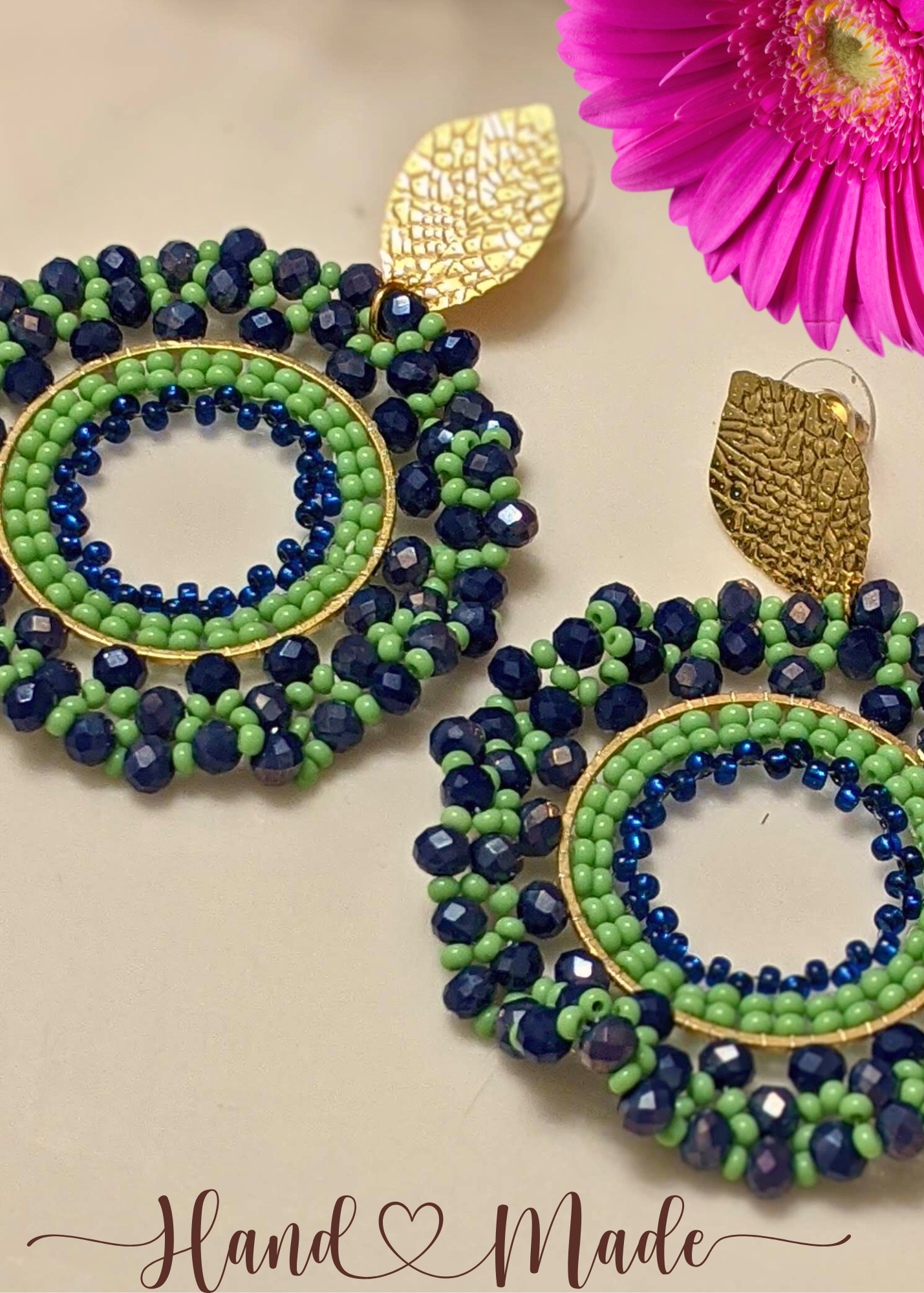 Chaquira-Inspired Blue and Green Hoop Earrings - 2.25" Drop Dangle with Gold Stainless Steel Posts - Elegant Artisan Jewelry