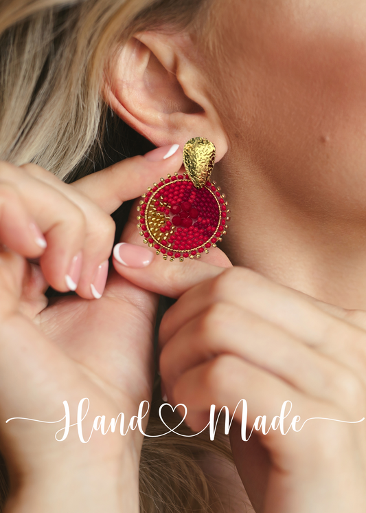 Chaquira-Inspired Red and Gold Beaded Earrings - 1.5" Round Dangles with Gold Stainless Steel Posts - Elegant Holiday Jewelry