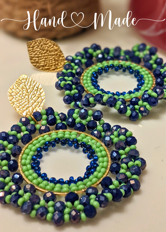 Chaquira-Inspired Blue and Green Hoop Earrings - 2.25" Drop Dangle with Gold Stainless Steel Posts - Elegant Artisan Jewelry