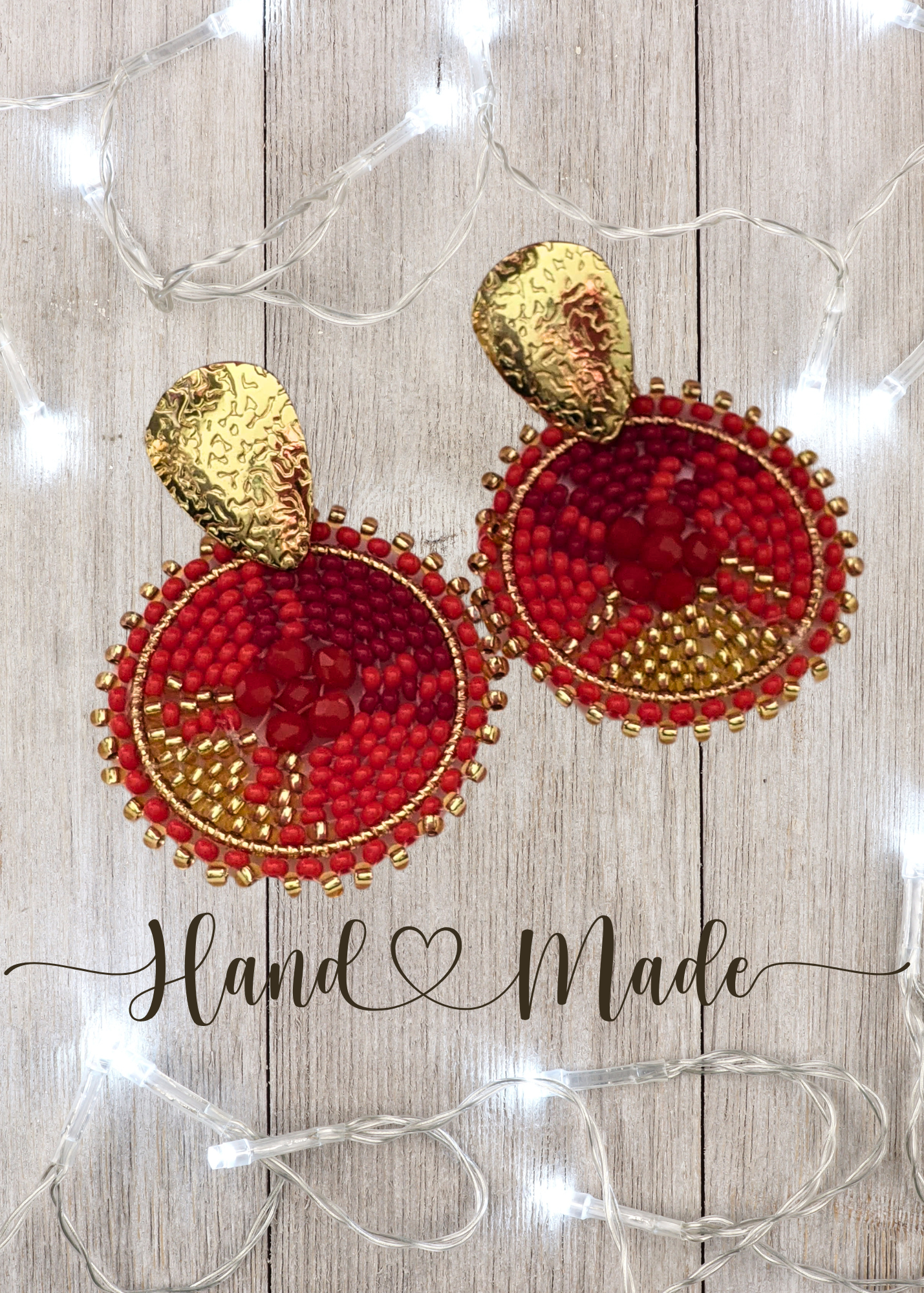 Chaquira-Inspired Red and Gold Beaded Earrings - 1.5" Round Dangles with Gold Stainless Steel Posts - Elegant Holiday Jewelry