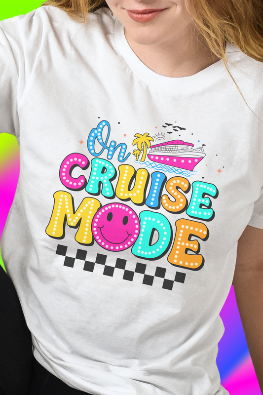 Retro 'On Cruise Mode' Shirt – Bright Vacation Graphic Tee for Cruise Lovers