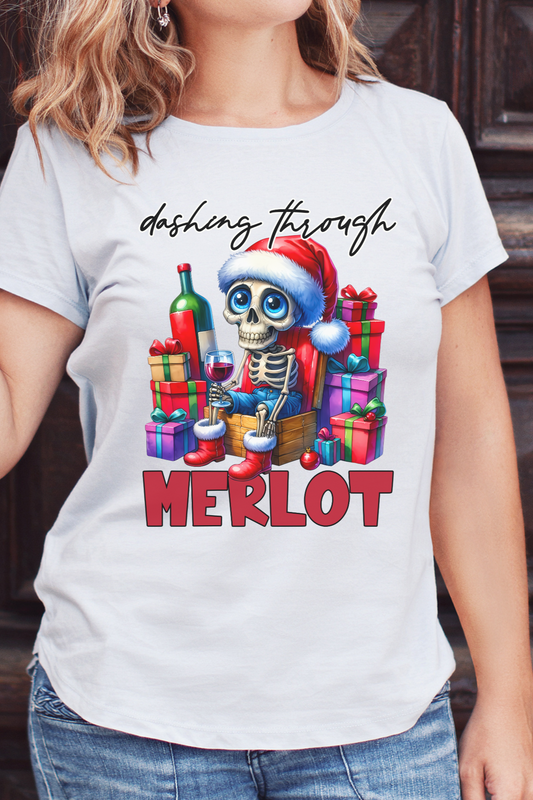 Funny Christmas Skeleton Shirt – 'Dashing Through Merlot' Santa Hat Wine Graphic Tee