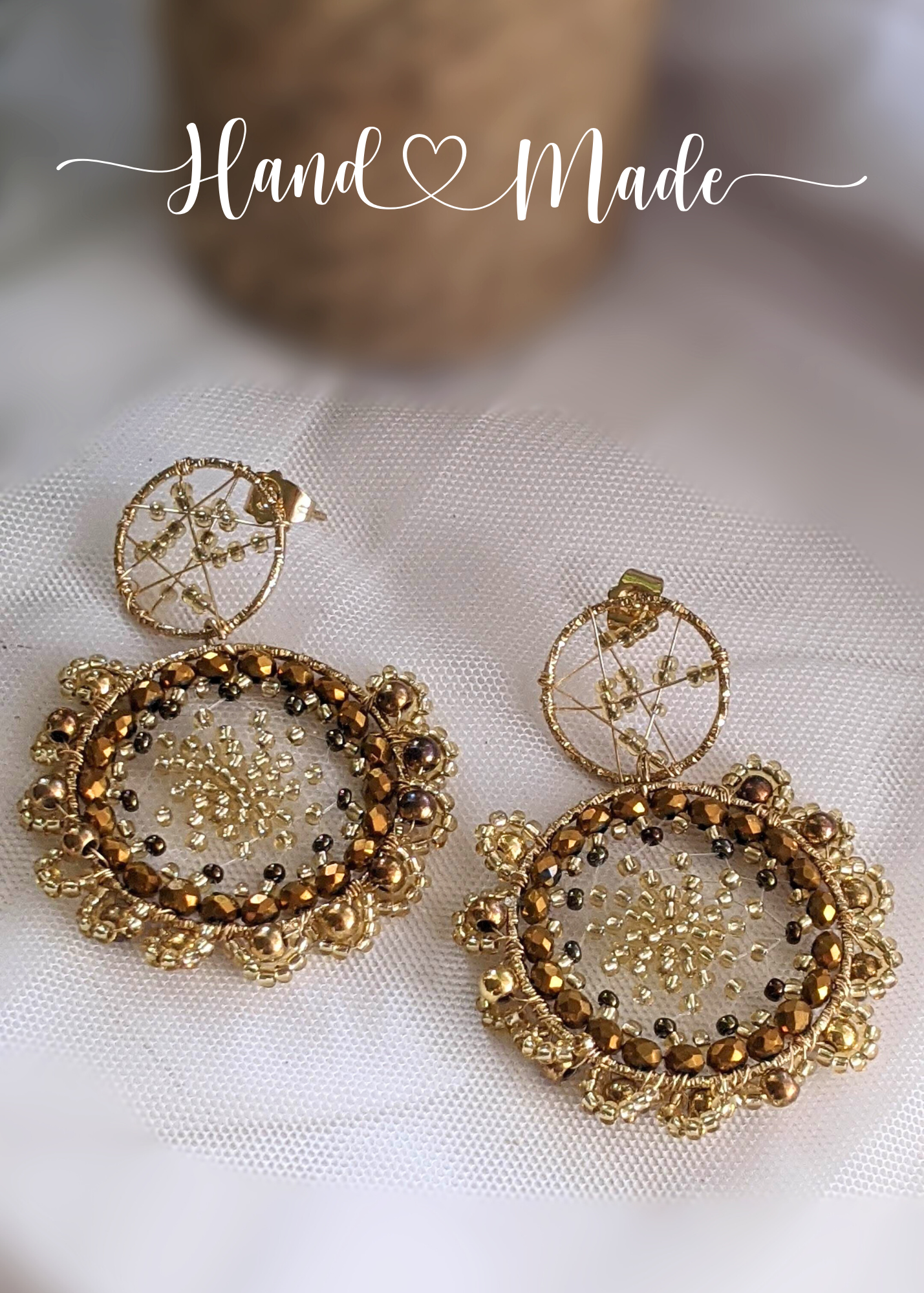 Chaquira-Inspired Gold Beaded Dreamcatcher Earrings - 2" Drop Dangle Handmade Jewelry