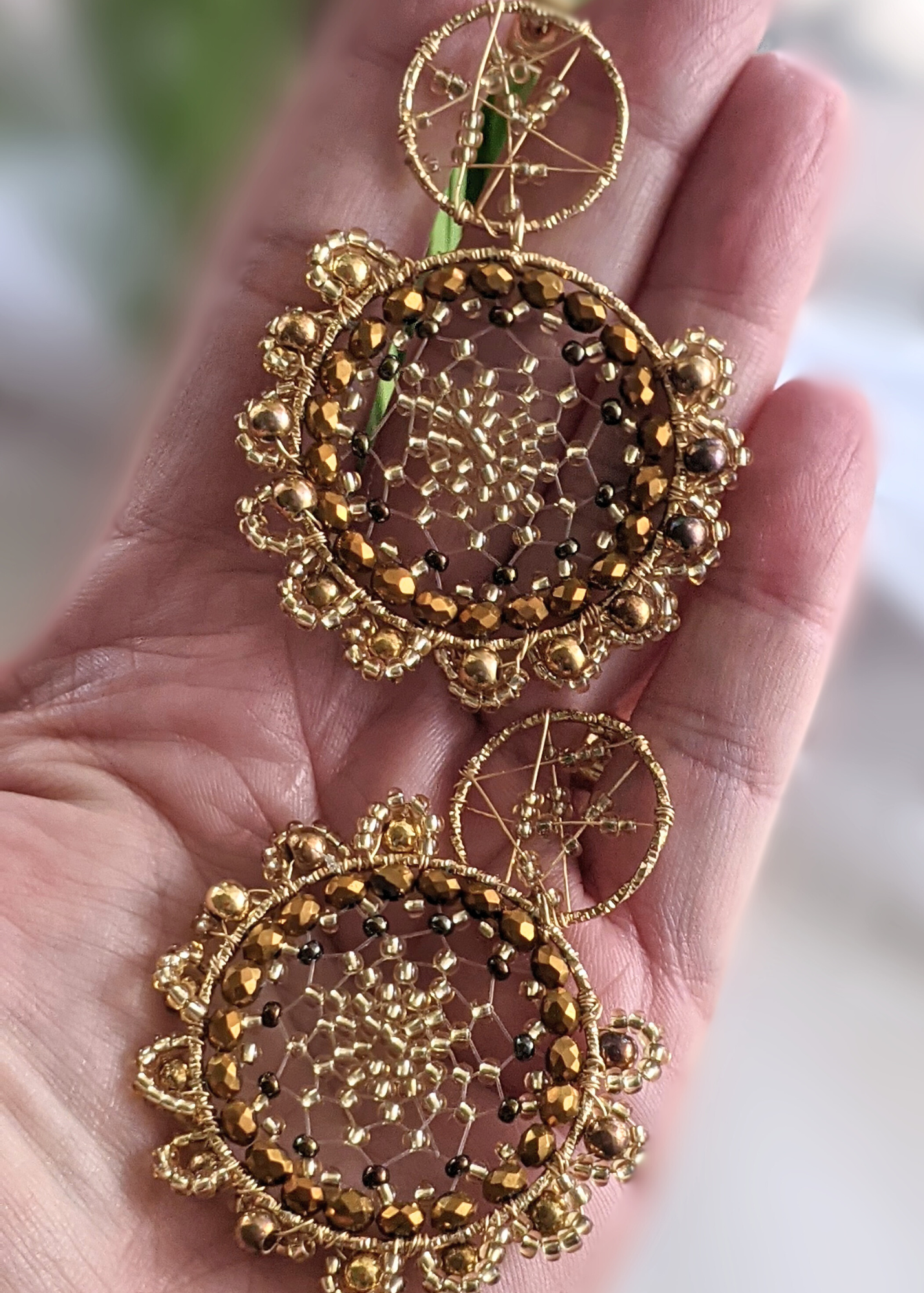 Chaquira-Inspired Gold Beaded Dreamcatcher Earrings - 2" Drop Dangle Handmade Jewelry