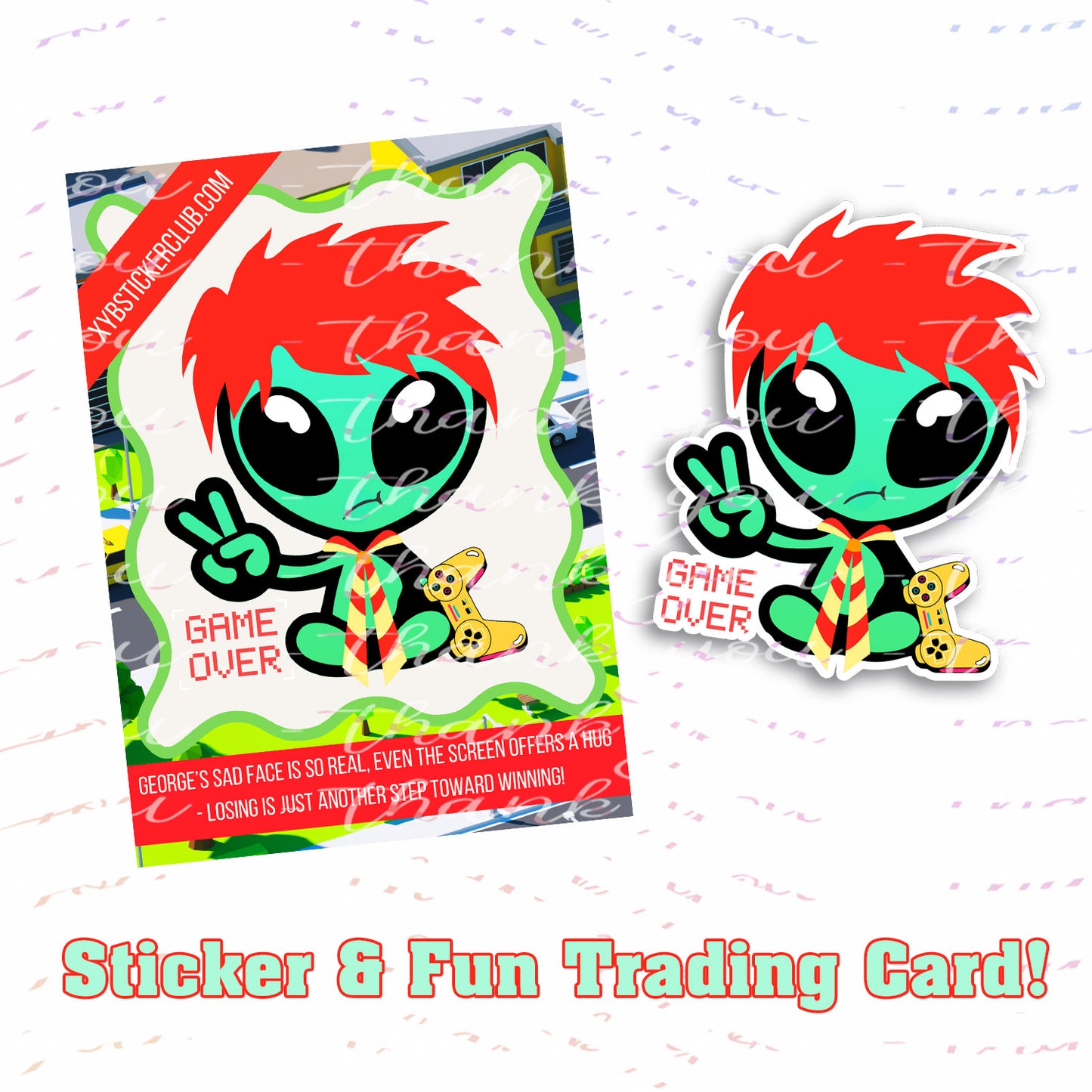 George Sticker with Collectible Trading Card | Game Over George | Waterproof Stickers for Water Bottles, Tumblers, School Supplies & More | XYB Sticker Club