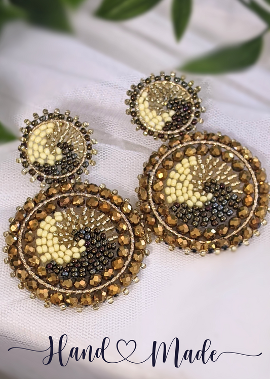 Double Round Beaded Earrings in Earth Tones - 2.25" Dangle Chaquira-Inspired Handwoven Jewelry with Hypoallergenic Stainless Steel Studs