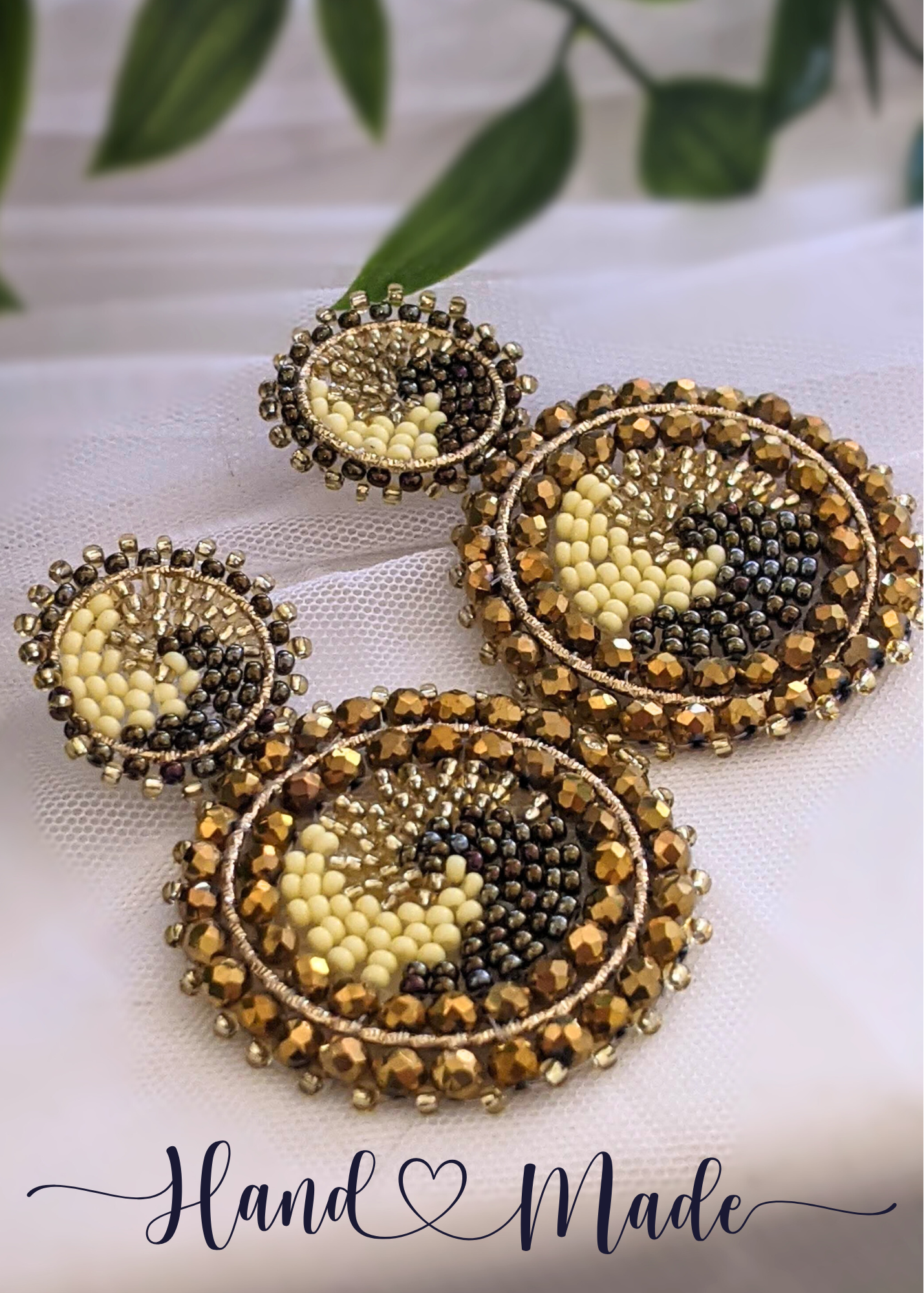 Double Round Beaded Earrings in Earth Tones - 2.25" Dangle Chaquira-Inspired Handwoven Jewelry with Hypoallergenic Stainless Steel Studs