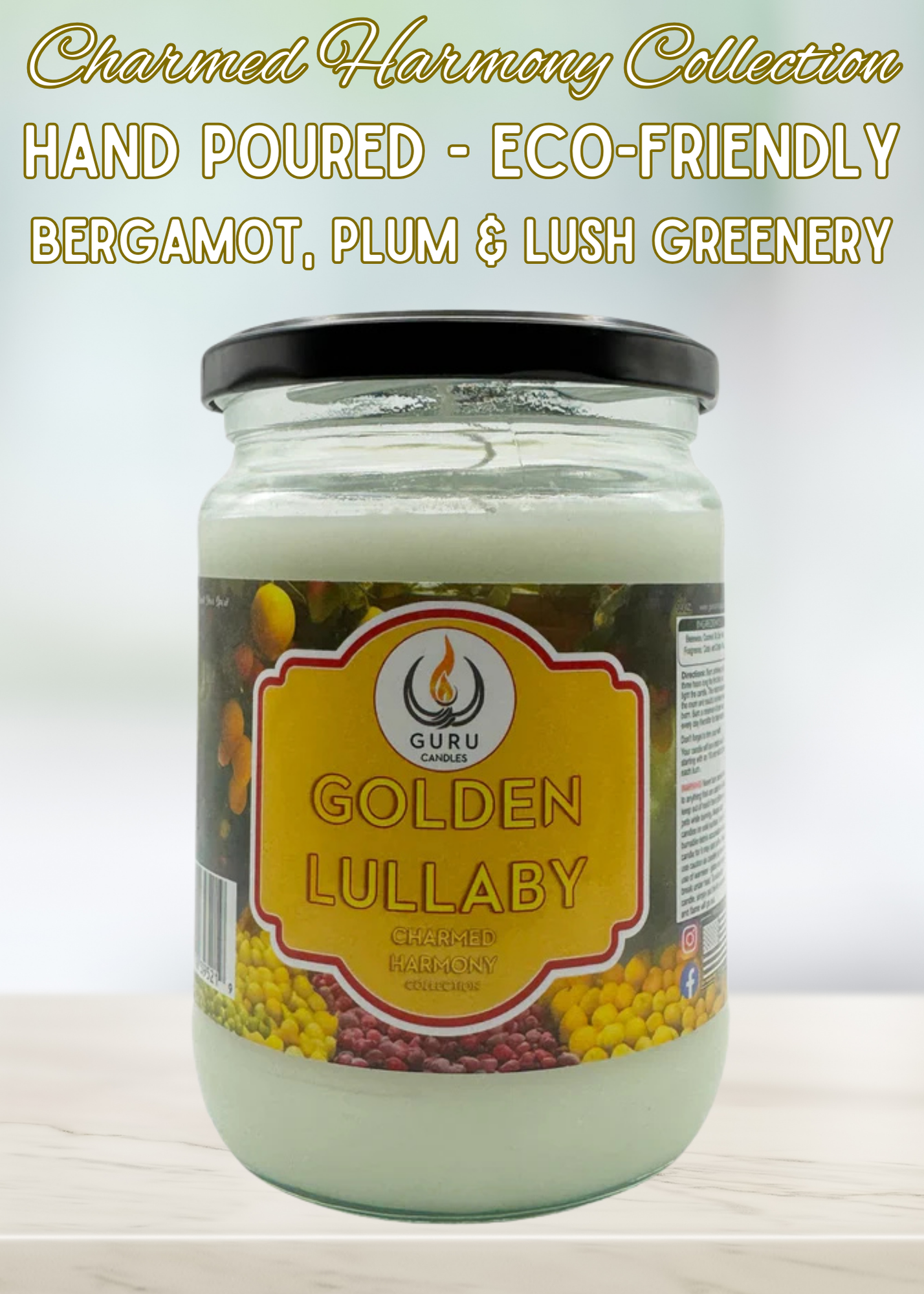 Golden Lullaby 14 oz Guru Candle - Hand Poured - Eco-Friendly - Bergamot, Plum & Lush Greenery