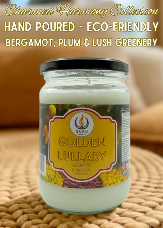 Golden Lullaby 14 oz Guru Candle - Hand Poured - Eco-Friendly - Bergamot, Plum & Lush Greenery