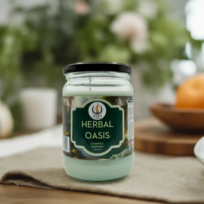 Herbal Oasis 14 oz Guru Candle - Hand Poured - Eco-Friendly - Rosemary, Citrus & Eucalyptus