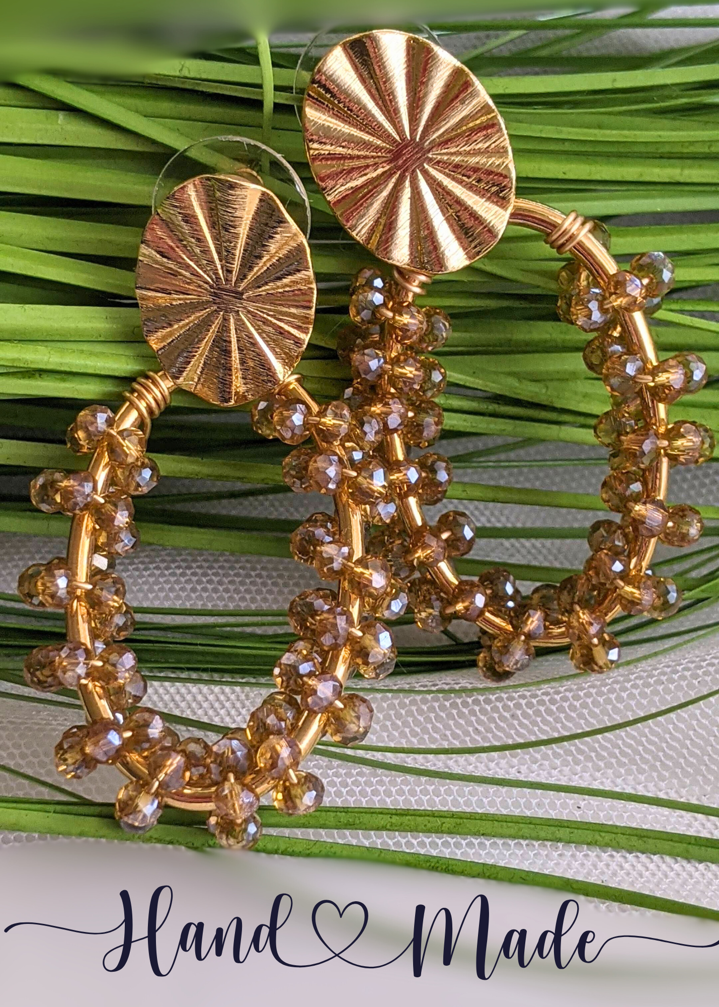 Chaquira-Inspired Gold Beaded Oblong Hoop Earrings - 1.75" Drop Dangles with Artisan Craftsmanship