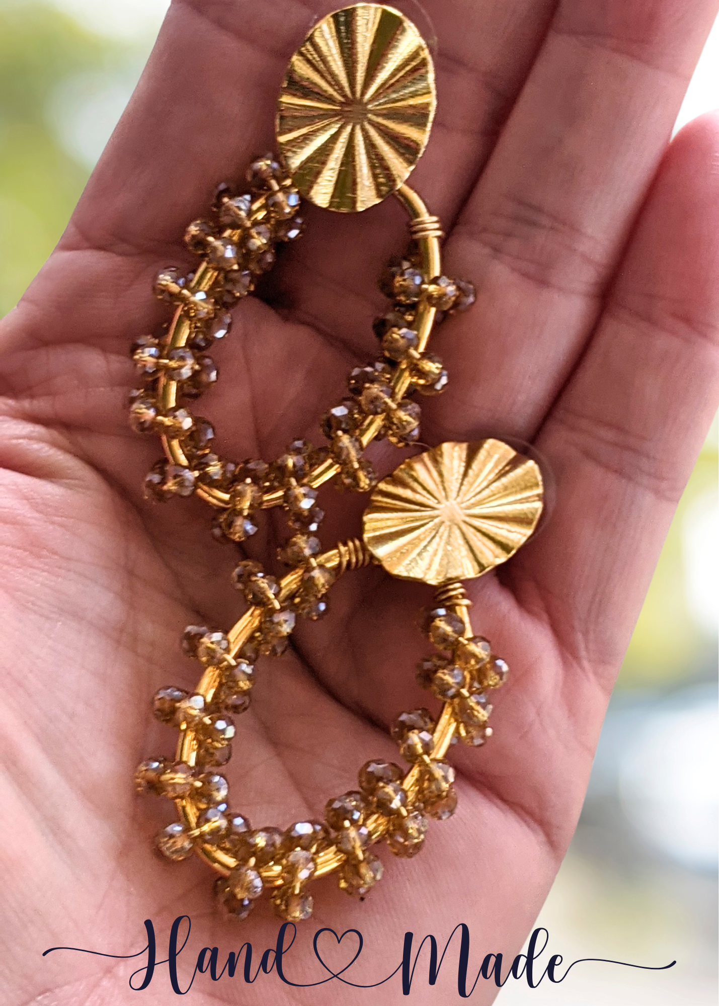 Chaquira-Inspired Gold Beaded Oblong Hoop Earrings - 1.75" Drop Dangles with Artisan Craftsmanship