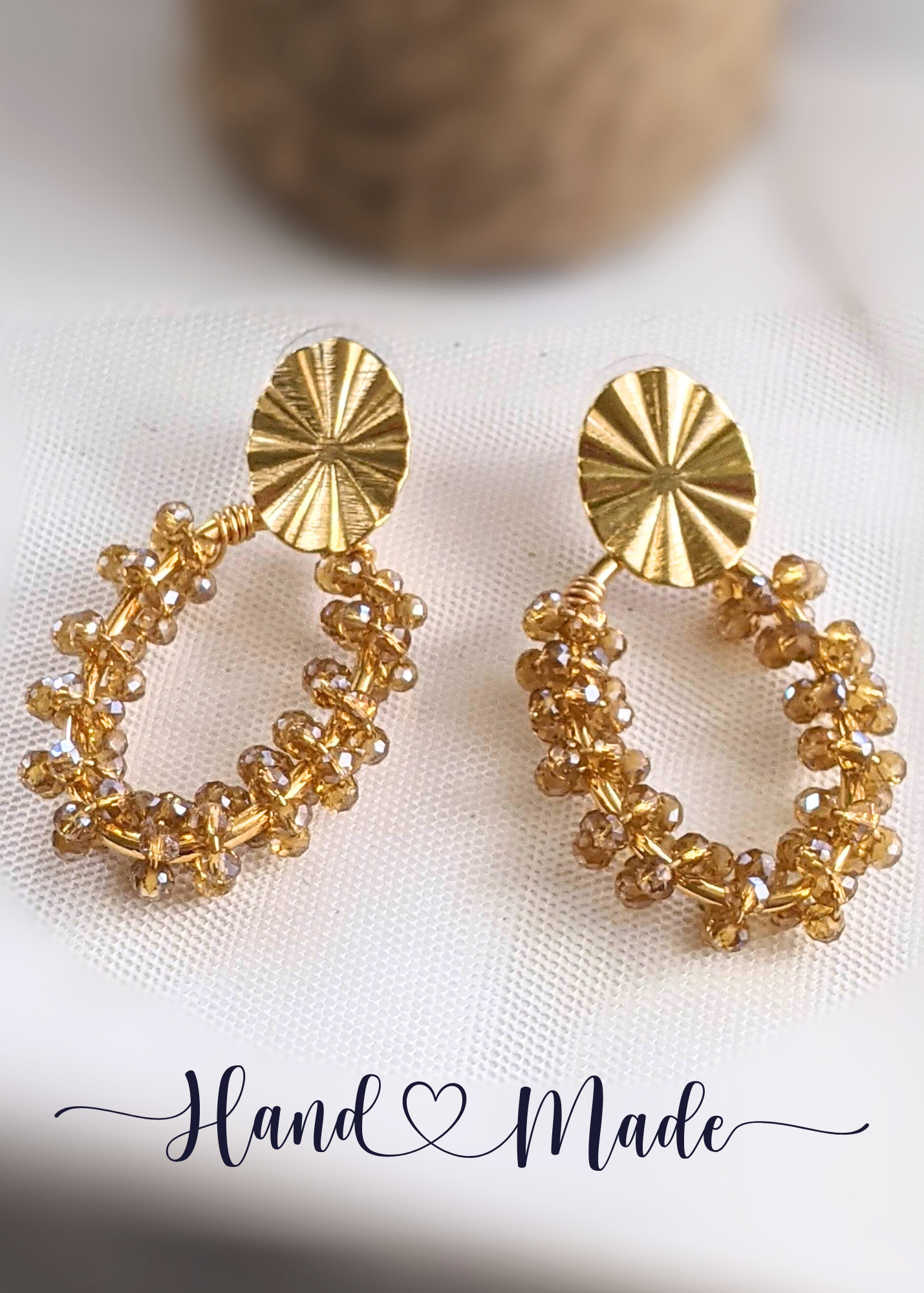 Chaquira-Inspired Gold Beaded Oblong Hoop Earrings - 1.75" Drop Dangles with Artisan Craftsmanship