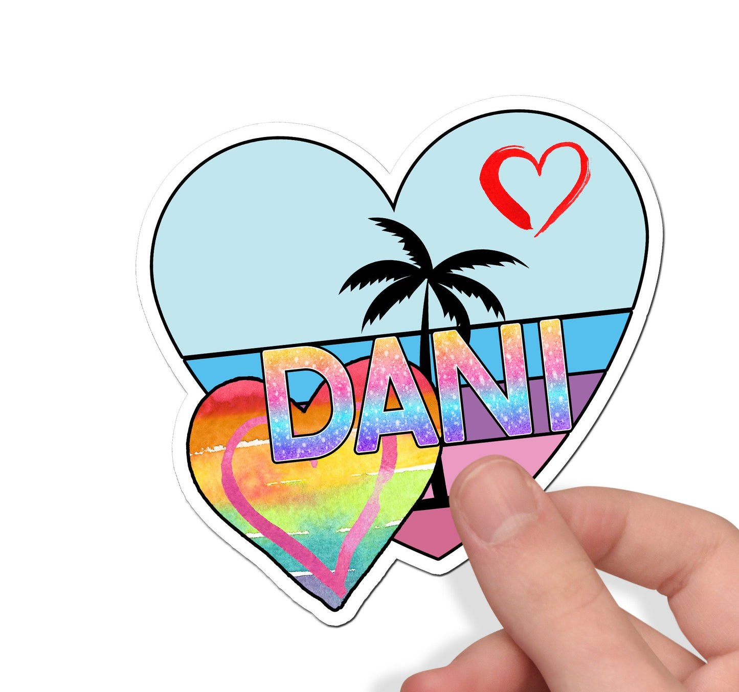 Tropical Hearts Name Sticker, Custom Stickers, Waterproof Sticker, Party Favors, Custom Vinyl Stickers, Name Decals, Custom Text Sticker