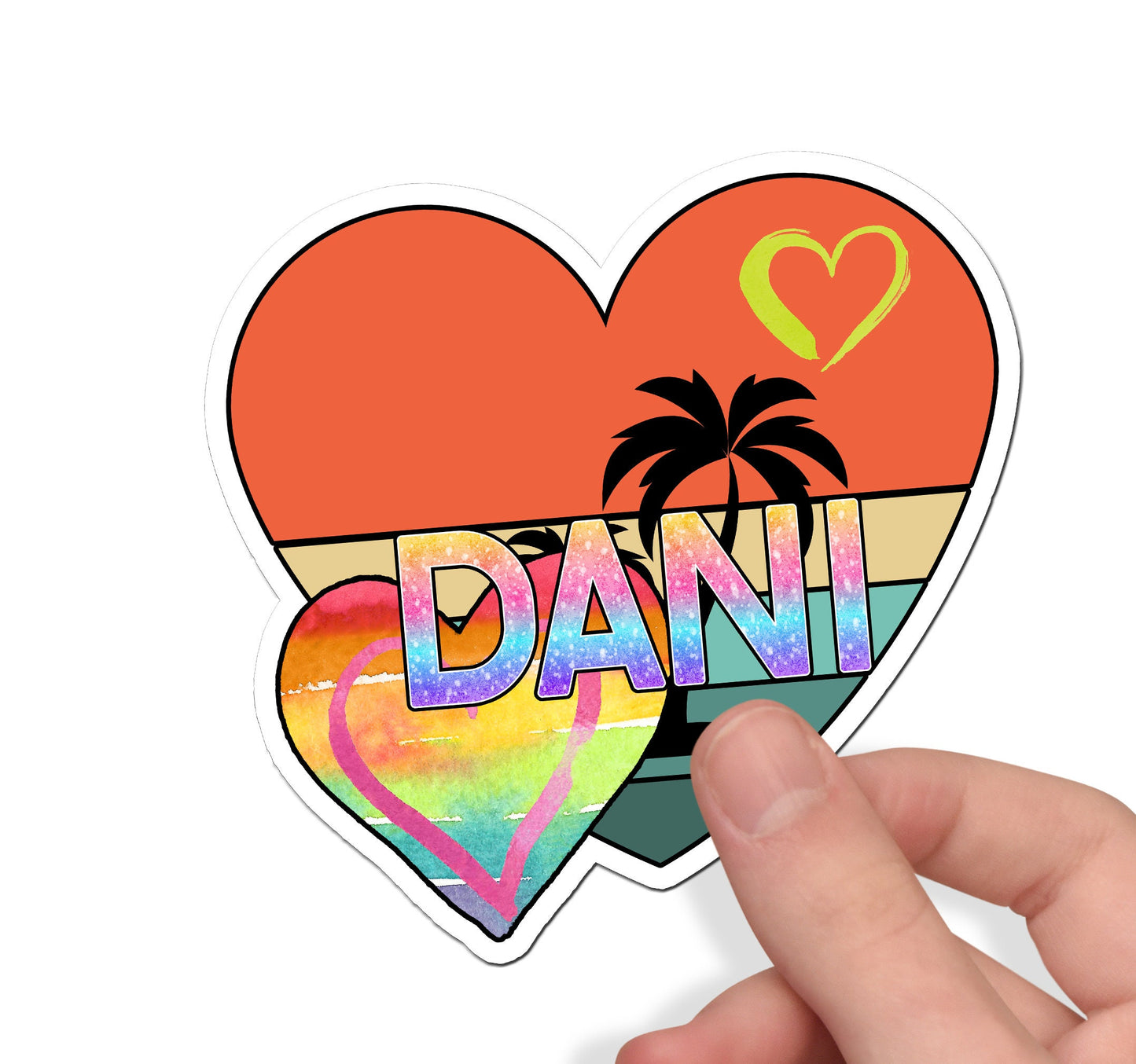 Tropical Hearts Sunset Name Sticker, Custom Stickers, Waterproof Sticker, Party Favor, Custom Vinyl Sticker, Name Decal, Custom Text Sticker