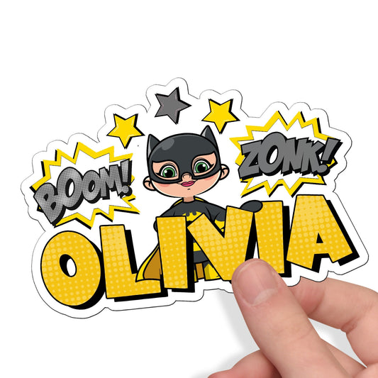 Cat Super Hero Custom Name Sticker, Superhero Sticker, Personalized Waterproof Sticker, Birthday Party Favor, Girl Stickers for Kids