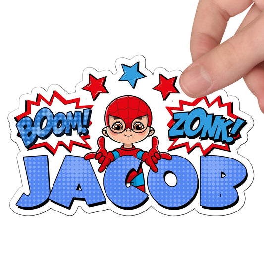 Spider Super Hero Custom Name Sticker, Superhero Sticker, Personalized Waterproof Sticker, Birthday Party Favor, Boy Stickers for Kids