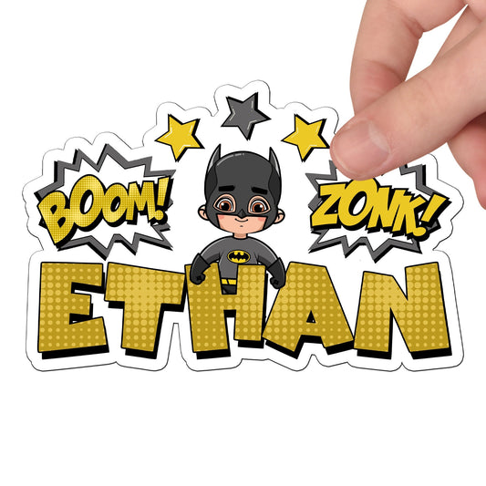 Bat Super Hero Custom Name Sticker, Superhero Sticker, Personalized Waterproof Sticker, Birthday Party Favor, Boy Stickers for Kids