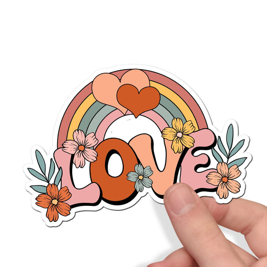 Love Rainbow Custom Waterproof Sticker, Retro Hippie Flower Child Die Cut Sticker, 60s Car Decal, Vintage Vinyl Decal, Cool Hippie Sticker