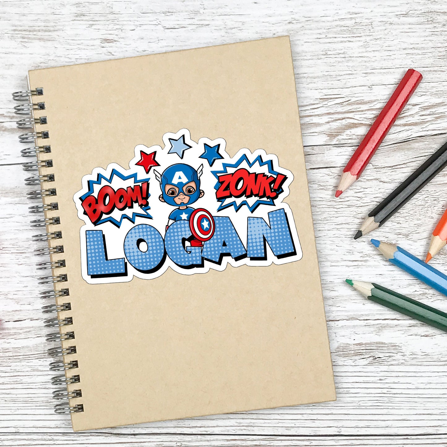 America Superhero Custom Name Sticker, Superhero Sticker, Personalized Waterproof Sticker, Birthday Party Favor, Boy Stickers for Kids