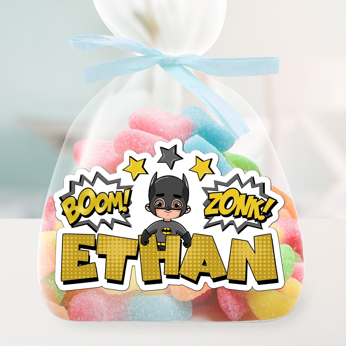 Bat Super Hero Custom Name Sticker, Superhero Sticker, Personalized Waterproof Sticker, Birthday Party Favor, Boy Stickers for Kids