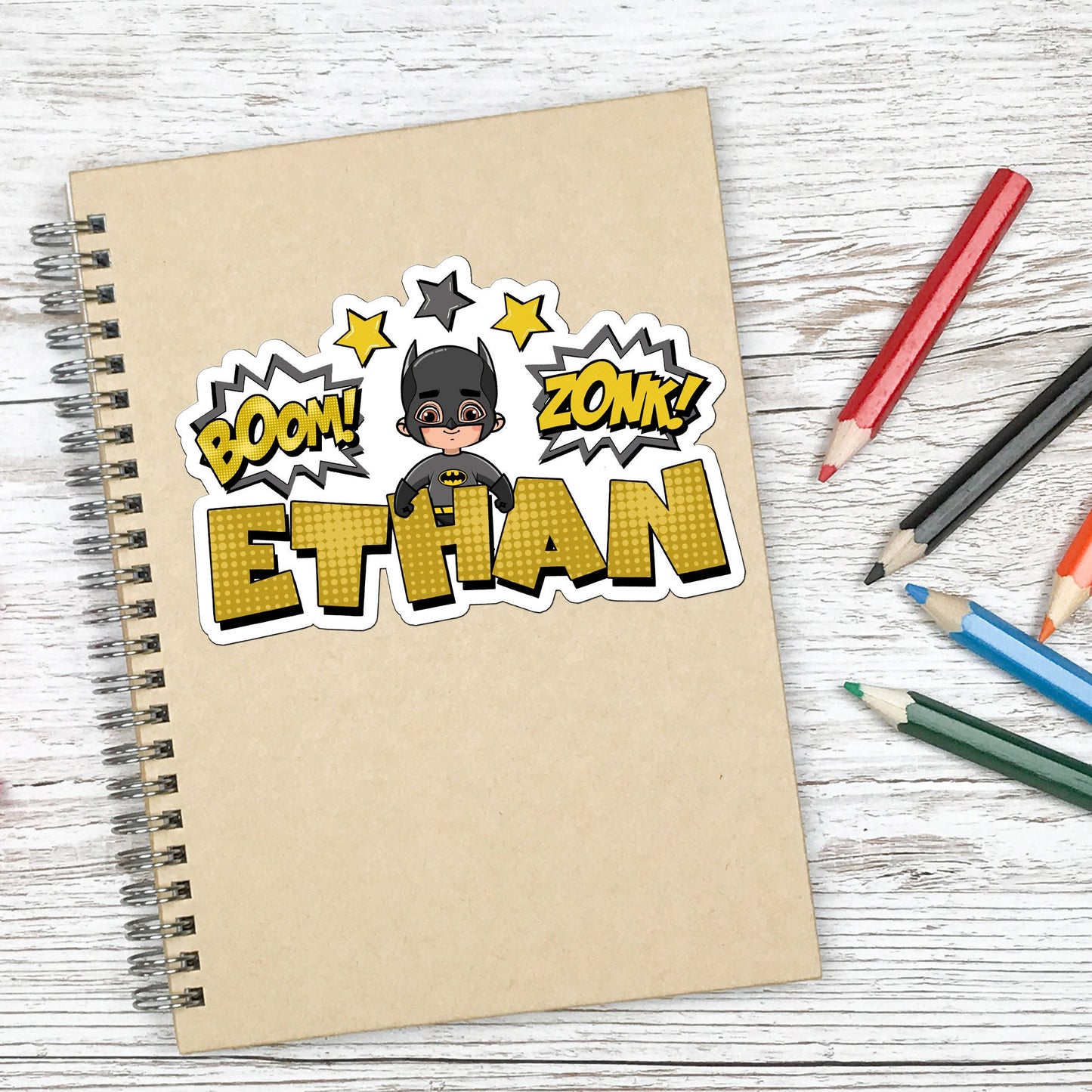 Bat Super Hero Custom Name Sticker, Superhero Sticker, Personalized Waterproof Sticker, Birthday Party Favor, Boy Stickers for Kids