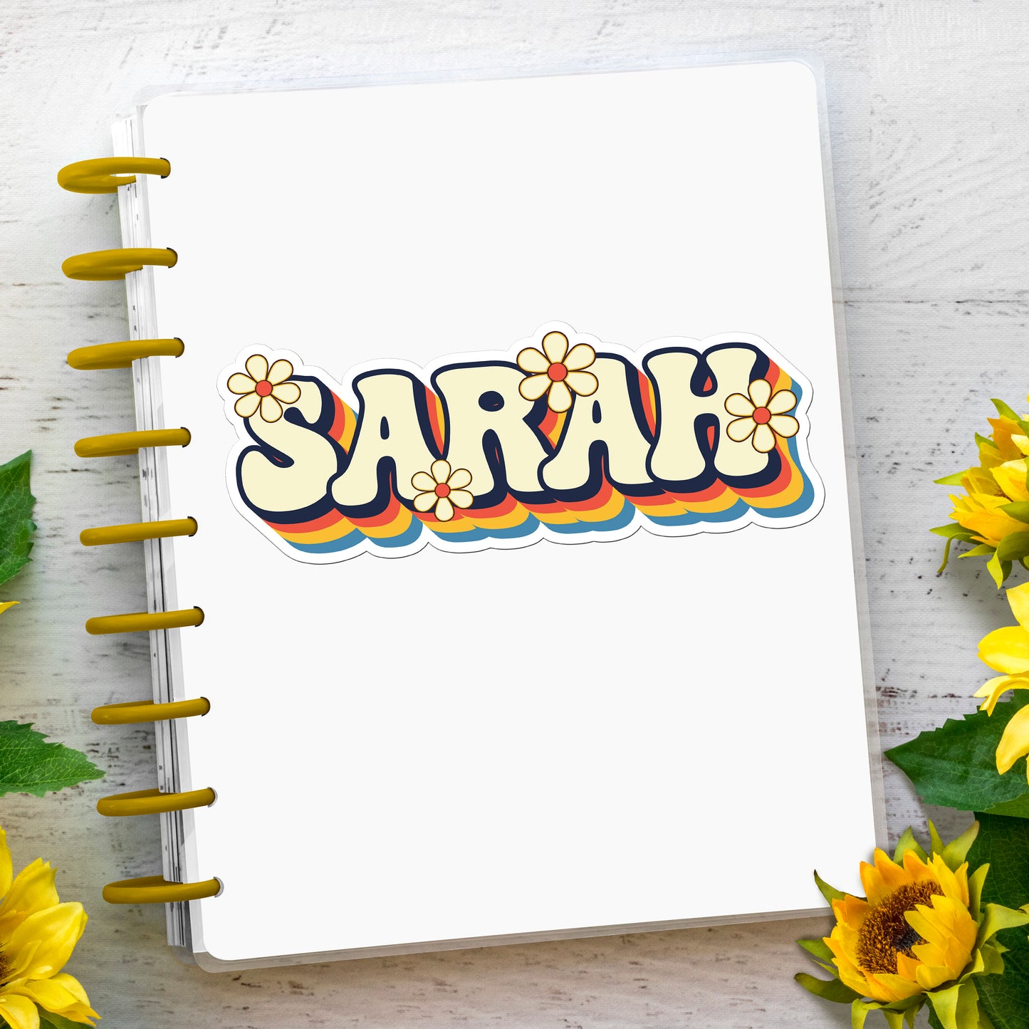 Retro Custom Name Sticker, Personalized Vintage Style Water Bottle Sticker with Daisy, Hippie Laptop Decal, Fun Party Favors