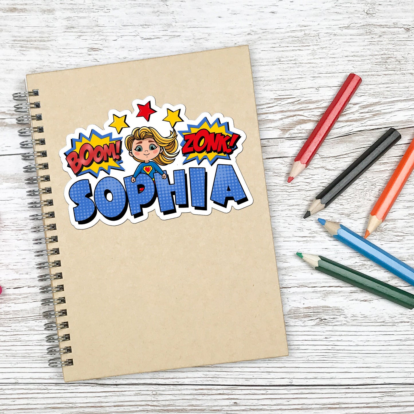 Girl Superhero Custom Name Sticker, Superhero Sticker, Personalized Comic Waterproof Sticker, Birthday Party Favor, Friend Stickers for Kids