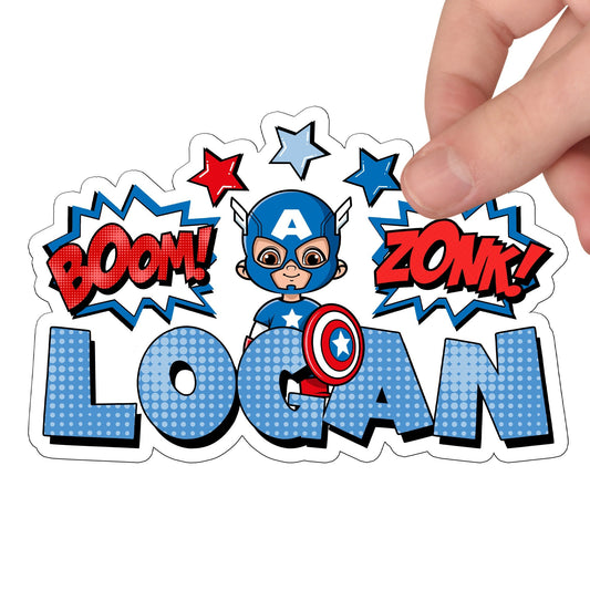 America Superhero Custom Name Sticker, Superhero Sticker, Personalized Waterproof Sticker, Birthday Party Favor, Boy Stickers for Kids