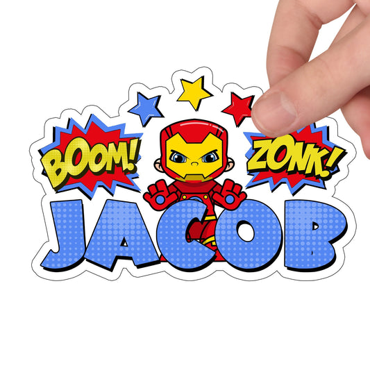 Iron Super Hero Custom Name Sticker, Superhero Sticker, Personalized Waterproof Sticker, Birthday Party Favor, Boy Stickers for Kids