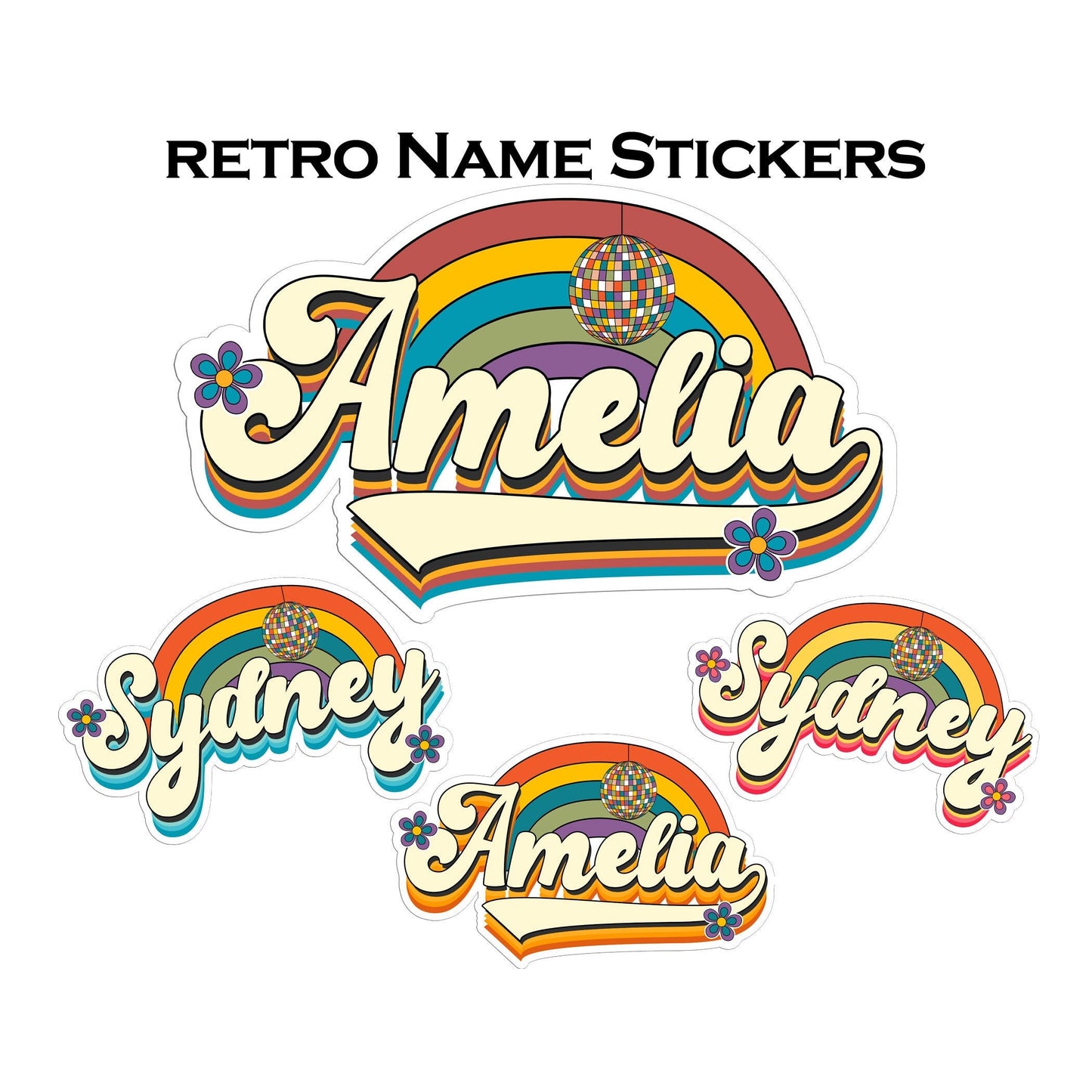 Retro Custom Name Sticker, Custom Sticker, Personalized Sticker, Custom Name Sticker, Hippie Sticker,  Vintage Sticker Rainbow Disco Ball