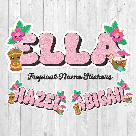 Summer Personalized Name Sticker, Custom Sticker, Tiki Beach Sticker, Tropical Stickers, Cute Stickers for Kids, Laptop Stickers, Name Label