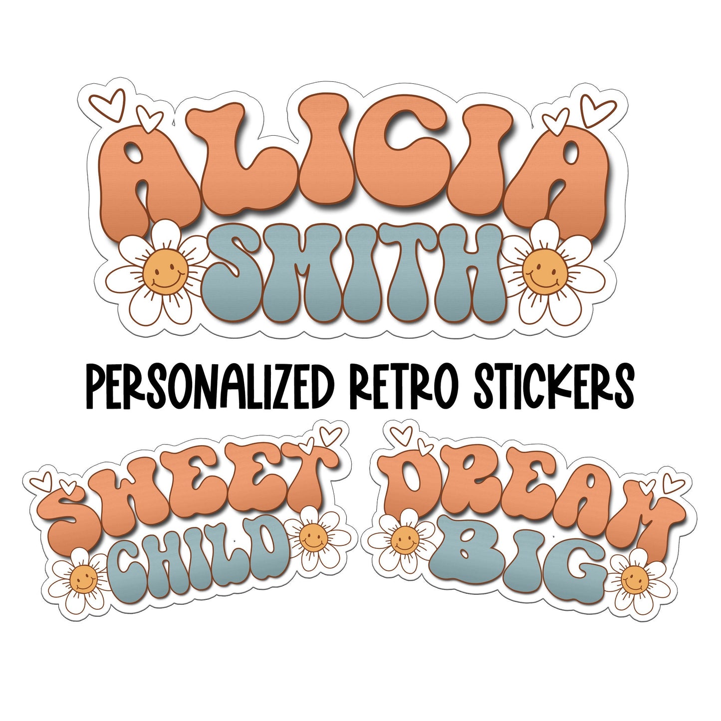 Custom Retro Sticker, Personalized Text Sticker, Custom Name Sticker, Hippie Sticker, Vintage Sticker, Groovy Daisy Love, School Labels