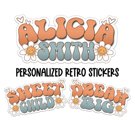 Custom Retro Sticker, Personalized Text Sticker, Custom Name Sticker, Hippie Sticker, Vintage Sticker, Groovy Daisy Love, School Labels