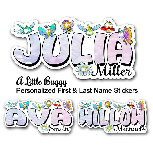 Personalized First Last Name Sticker, Custom Text Decal, Water Bottle Sticker, Cute School Labels, Cool Stickers, Big Eye Garden Bugs