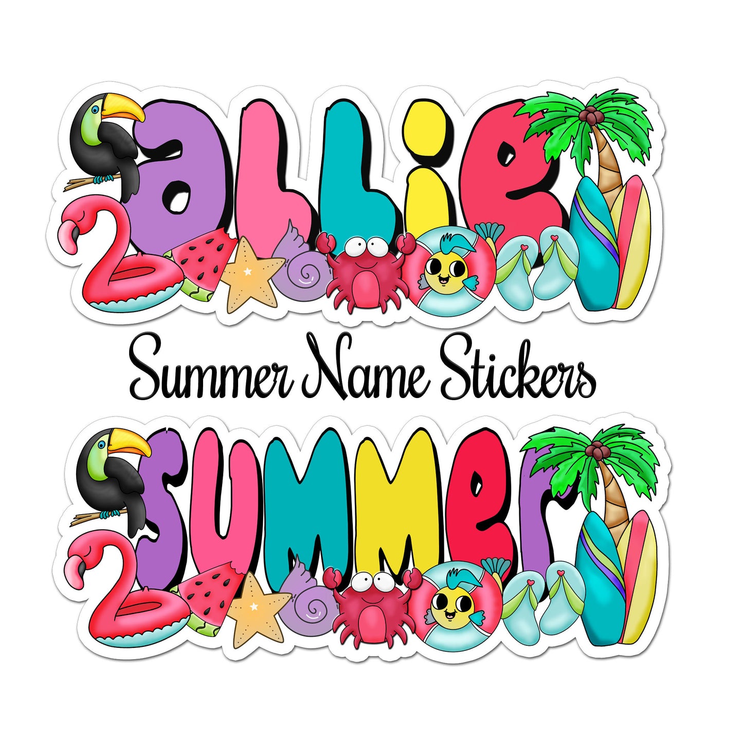 Personalized Summer Name Sticker, Custom Text Sticker, Waterproof Sticker, Beach Birthday Party Favor, Cool Stickers, Sea Life Sticker