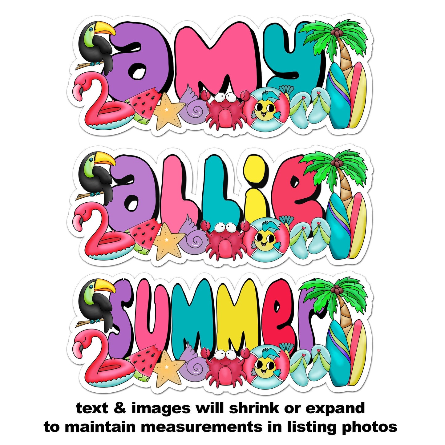 Personalized Summer Name Sticker, Custom Text Sticker, Waterproof Sticker, Beach Birthday Party Favor, Cool Stickers, Sea Life Sticker