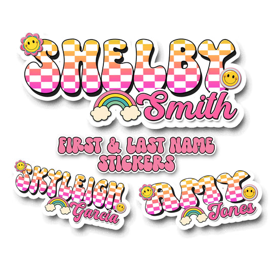 Funky Retro Two Line Custom Name Sticker - Space for First Last Name, Vinyl Label for Water Bottles, Tumblers & Gifts